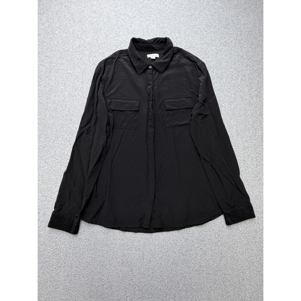 Garnet Hill Shirt Womens 12 Black 100% Silk Button Front Blouse Long Sleeve